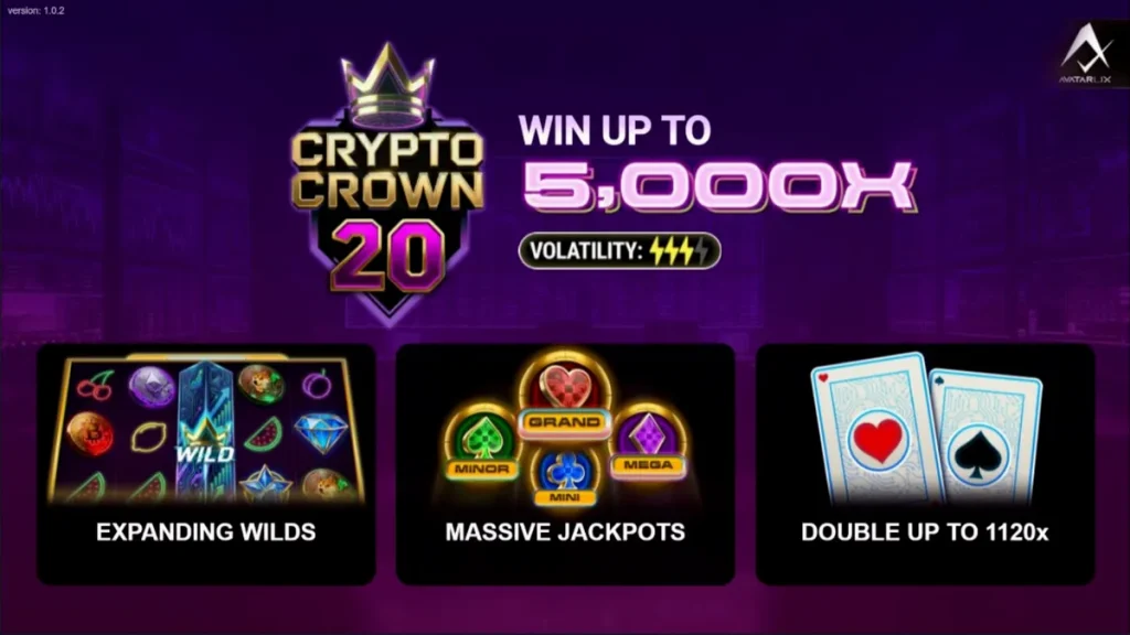 Interface do jogo de slot Crypto Crown 20 com símbolos de criptomoedas e frutas neon
