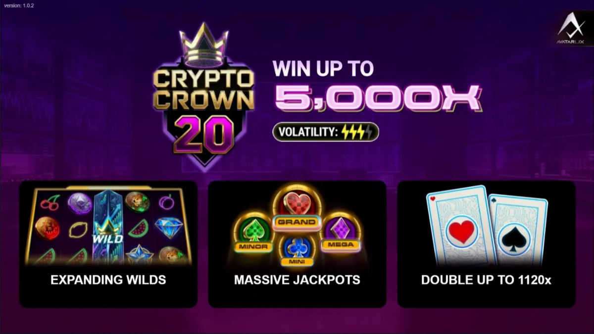 Interface do jogo de slot Crypto Crown 20 com símbolos de criptomoedas e frutas neon