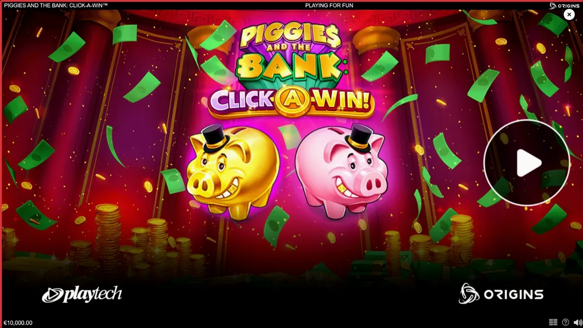 Interface do jogo Piggies and the Bank: Click-A-Win com o cofrinho de cartola