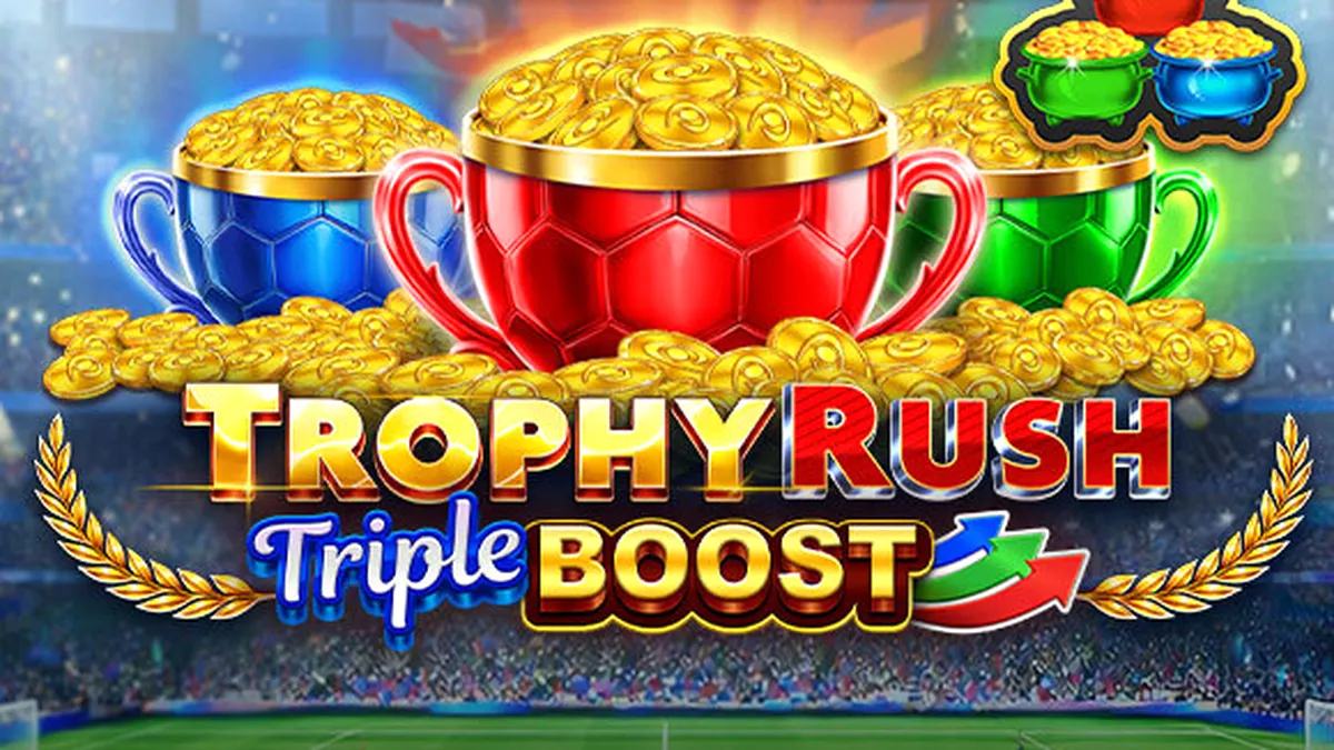 Interface do jogo Trophy Rush Triple Boost com moedas douradas e elementos esportivos