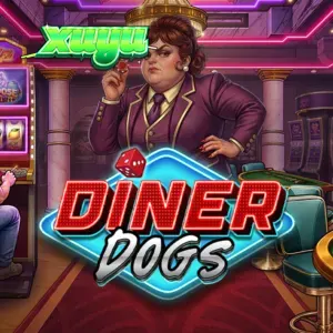 Captura de tela do jogo Diner Dogs, mostrando uma lanchonete noturna com personagens de estilo noir e símbolos de cluster.